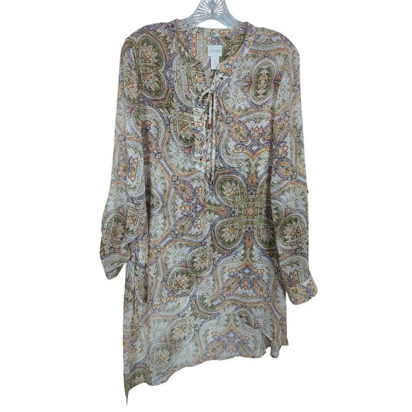 Chico's Paisley long tab sleeve asymmetrical orange‎ green cream tunic sz 1 sz 8 - Picture 2 of 16